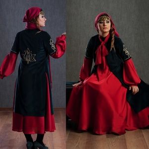 Traditional Red Bow Neck Midi dress with Green Vest